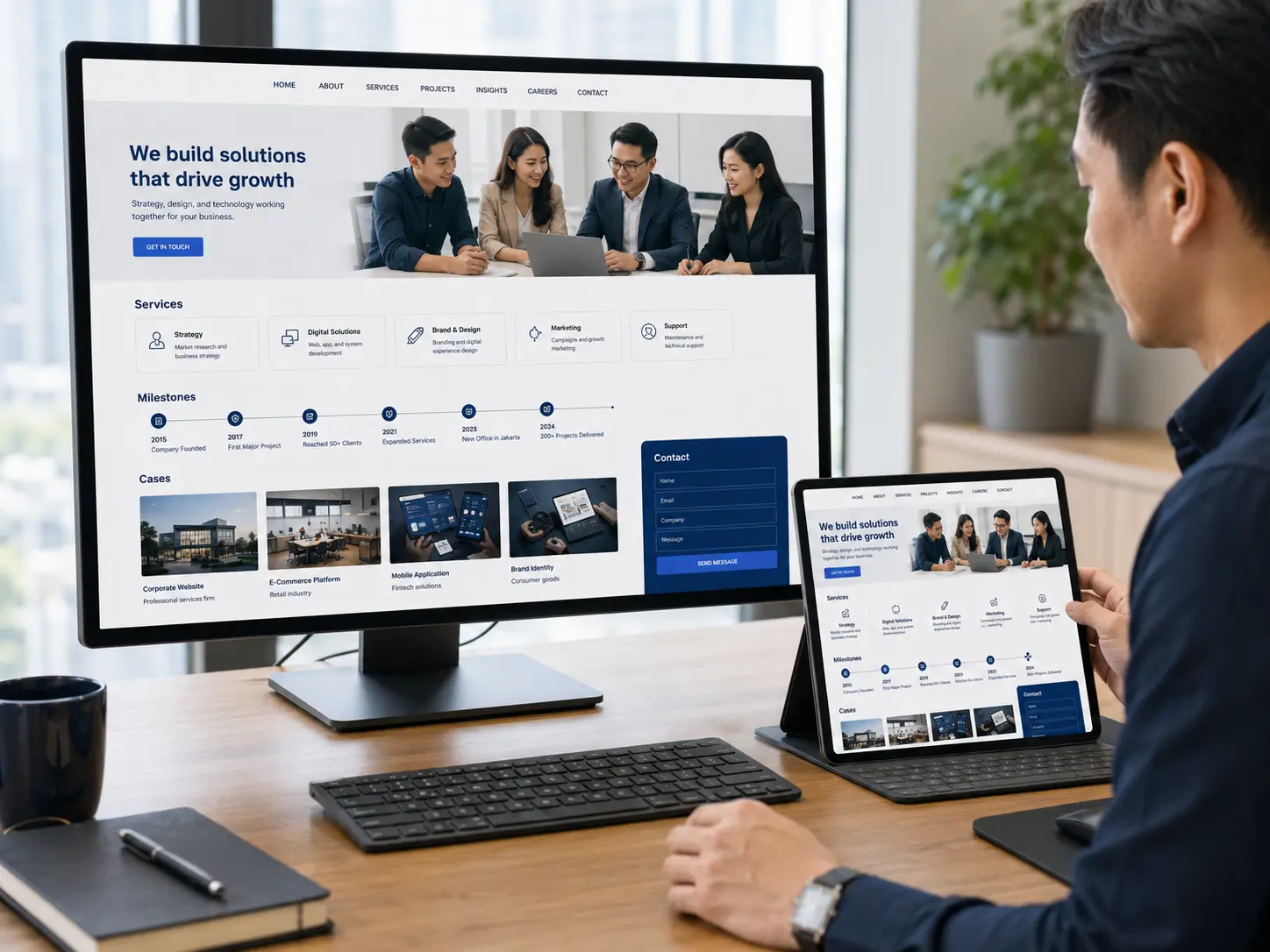 Tampilan website company profile pada monitor dan tablet