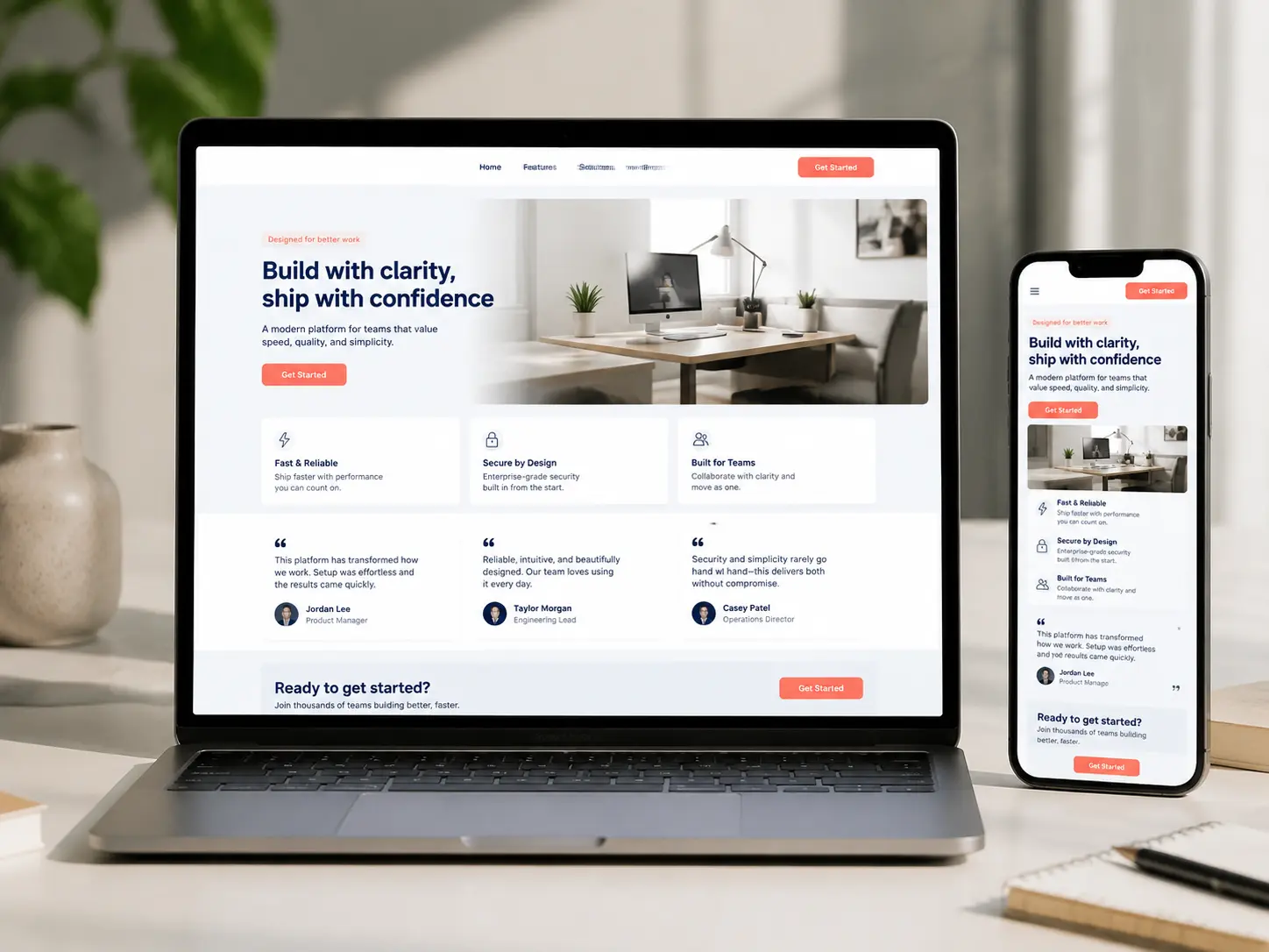 Tampilan landing page profesional pada laptop dan ponsel
